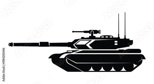 A stark black silhouette of a modern main battle tank is prominently displayed against a white background showcasing military power silhouette high quality professional