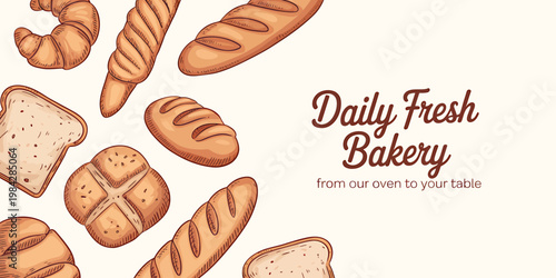 Assortment of delicious freshly baked bread products including croissants and sliced toast displayed on a light background