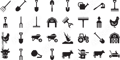 Agricultural icons and farm tools on white background