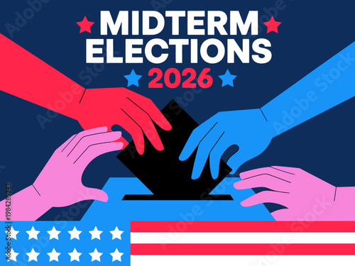 Illustration showing hands voting together for midterm elections year 2026