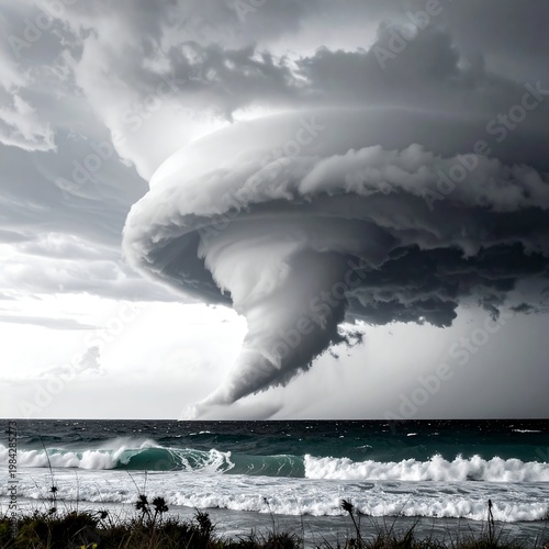 Powerful, grey tornado swirling over choppy sea; dramatic sky filled with swirling clouds