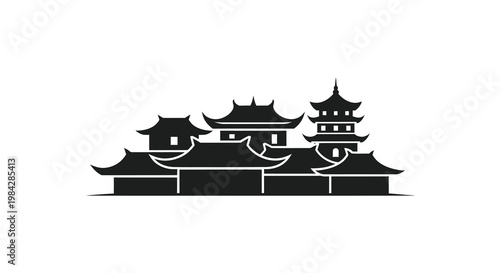 Black silhouette of traditional east asian temple architecture