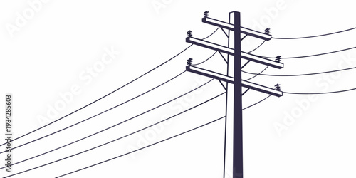 Detailed graphic illustration of a power distribution utility pole with multiple electrical transmission lines electricity transmission infrastructure distribution electric
