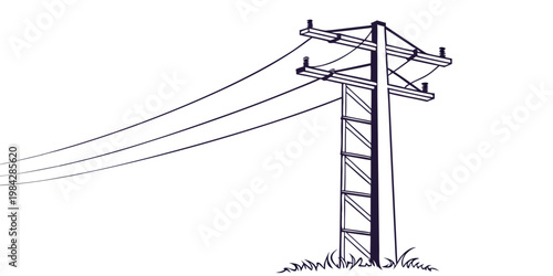 Graphic illustration of a sturdy lattice utility pole with power lines crossing through a grassy landscape electricity transmission infrastructure distribution electric