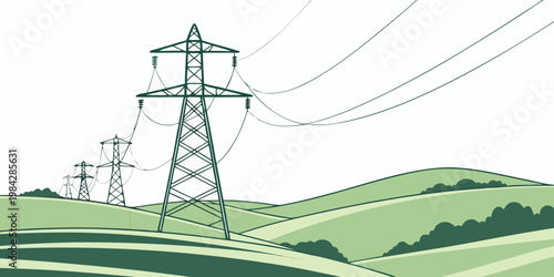 Green illustration of electricity pylons across rolling hills rural landscape with electricity transmission landscape infrastructure electrical distribution illustration