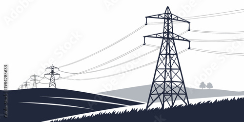 Silhouette landscape with high voltage transmission towers and distant hills electricity transmission landscape infrastructure silhouette electrical distribution industry