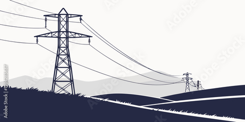 Silhouette illustration of high voltage electrical transmission towers across rural landscape with electricity transmission landscape infrastructure silhouette distribution