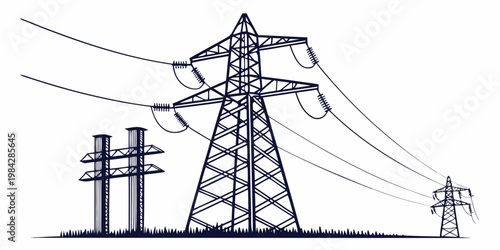 High voltage electricity pylon transmission towers in a rural landscape with electricity transmission infrastructure industrial landscape technology electrical engineering