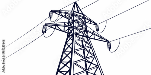 Low angle view of a high voltage electric power pylon against white background with electricity transmission infrastructure electrical industrial technology engineering