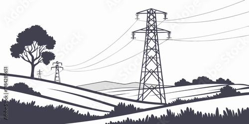 Graphic illustration of electrical power pylons and tree in rolling hills countryside with electricity transmission landscape infrastructure electrical distribution industry