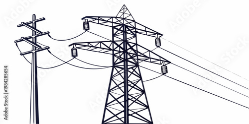 Close up silhouette graphic of high voltage transmission tower and wooden pole with electricity transmission insulator infrastructure silhouette electrical distribution