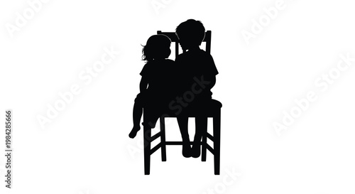 Two children sit closely together on a chair depicted as a silhouette
