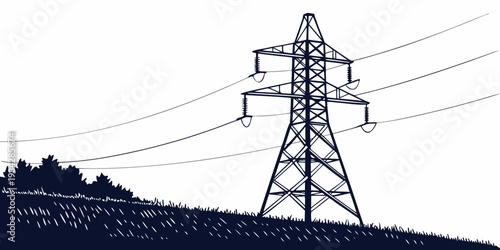 High voltage electricity pylon on a grassy field silhouette graphic with electricity transmission infrastructure landscape silhouette industrial electrical technology