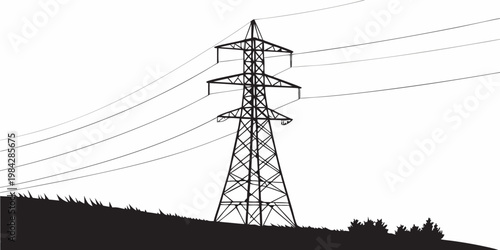 Silhouette illustration of a high voltage electrical transmission tower on a grassy hill with electricity transmission infrastructure silhouette electric distribution