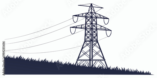 Graphical line art of a tall electrical pylon in a grassy field with electricity transmission infrastructure electric distribution silhouette landscape industrial structure
