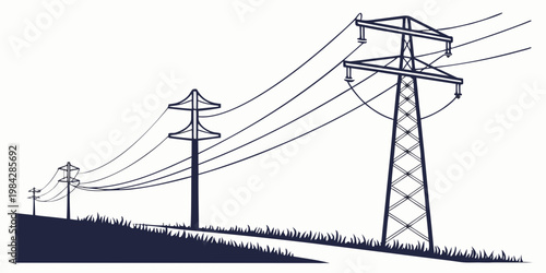 Minimalist graphic of high voltage electrical towers and power lines with electricity transmission infrastructure distribution landscape electric industrial engineering