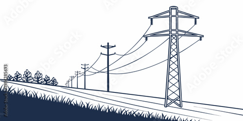 Black and white vector illustration of power line pylons across a landscape with electricity transmission infrastructure distribution landscape electric industrial structure