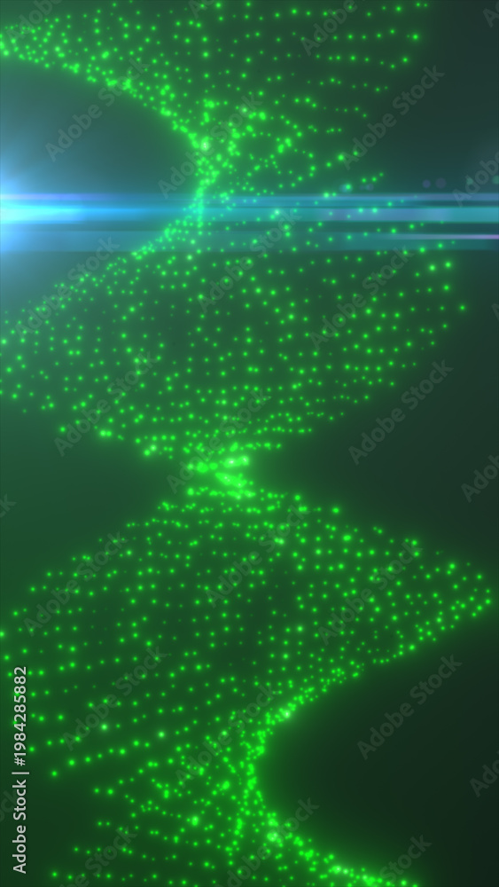 Fototapeta premium Green particle wave forming hourglass shape with light beam, futuristic data network visualization background