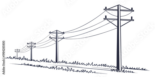 Simple line drawing of electrical transmission lines in a meadow with electricity transmission electrical infrastructure distribution landscape industry technology distance
