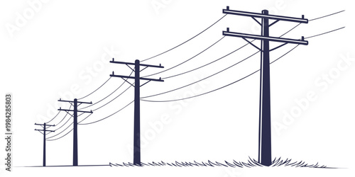 Silhouette style illustration of electrical power line poles with electricity transmission electrical infrastructure distribution landscape industry technology engineering