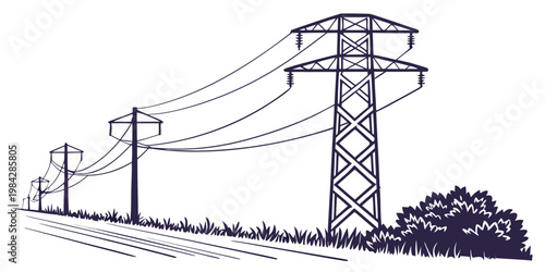 High voltage pylon and power lines in a rural landscape with electricity transmission electrical infrastructure industrial distribution engineering structure landscape