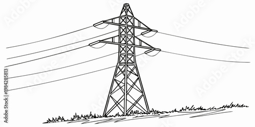 Black and white line art of electricity pylon with electricity transmission infrastructure electrical structure industrial distribution engineering illustration isolated