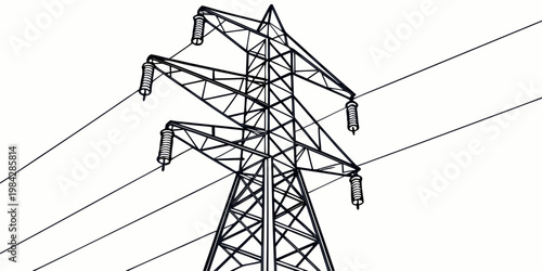 Electric power transmission pylon line drawing illustration with electricity transmission electrical infrastructure structure industrial distribution engineering isolated