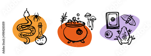 Halloween magic collage doodle set. Occult symbols, potion tools, creatures. Party invitation, poster, kids decor, sticker pack. Hand drawn crayon vector illustration.