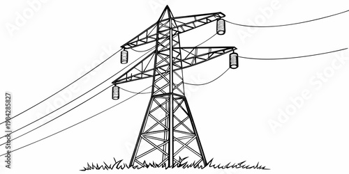 High voltage electricity transmission tower against white background with electricity transmission infrastructure electrical industrial structure distribution engineering