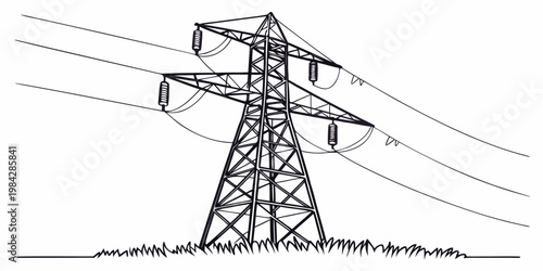 High voltage electrical pylon tower line sketch with electricity transmission electrical infrastructure structure industrial distribution engineering illustration isolated