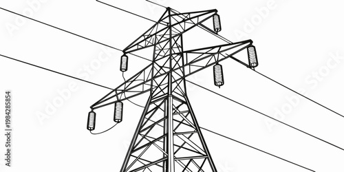 High voltage electrical transmission tower against white background with electricity transmission infrastructure electrical structure industrial conductors engineering