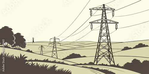 Transmission pylons in landscape illustration of power grid with landscape electricity transmission countryside infrastructure industry distribution electrical environment