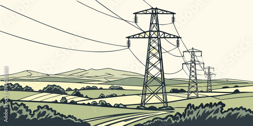 Electric transmission towers landscape with mountains in distance landscape mountain electricity transmission countryside infrastructure industry distribution electrical