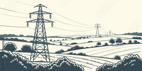 Electrical transmission towers in rural landscape with fields landscape electricity countryside transmission infrastructure distribution industry electrical environment