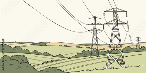 Electric transmission pylons across rolling hills and meadows with electricity landscape transmission countryside infrastructure industrial electrical distribution