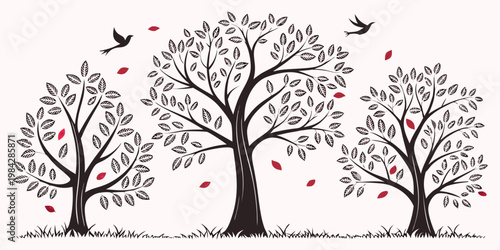 Decorative trees with foliage and falling autumn leaves with birds flying in a hand-drawn illustration seasonal illustration silhouette botanical decorative landscape