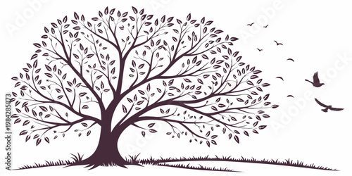 Large spreading deciduous tree with full foliage and a flock of birds in a minimalist vector illustration silhouette botanical landscape woodland branches