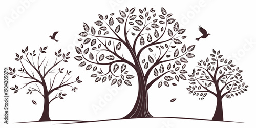 Set of three stylized trees with birds and scattered leaves in a simple black and white graphic design illustration silhouette botanical landscape woodland branches isolated