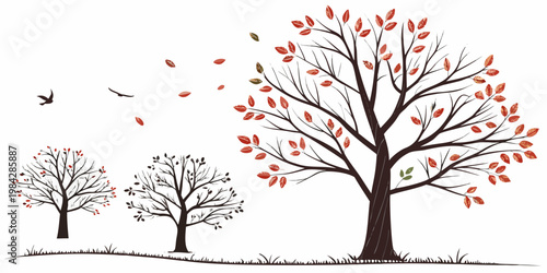 Autumn landscape with trees silhouettes in red and orange fall foliage silhouette background deciduous landscape wildlife outdoors illustration woodland branches seasonal