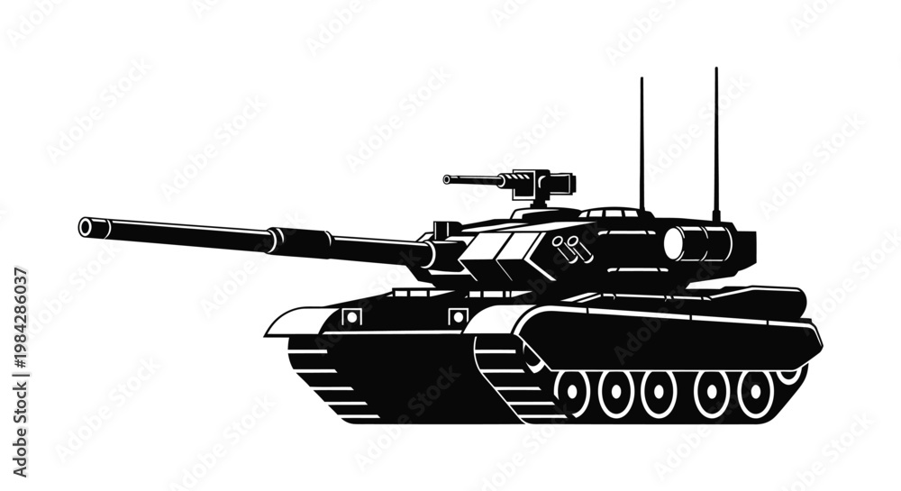 Fototapeta premium A striking black and white depiction showcases a modern main battle tank its form defined by bold lines and a distinct silhouette high quality