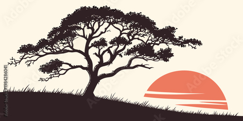 Minimalist graphic silhouette of a tree on a rolling hill at sunset with silhouette landscape illustration background minimalist peaceful countryside environment botanical