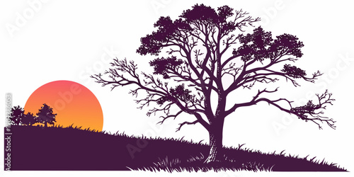 Artistic graphic illustration of a lone tree on a hilltop during a sunset with silhouette landscape illustration stylized environment countryside backdrop wallpaper