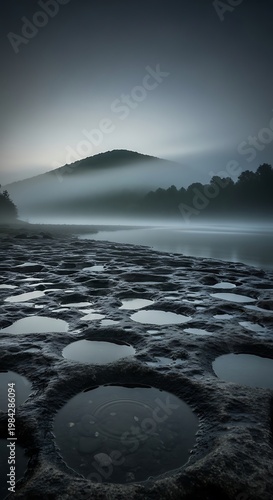 Misty Mountain Landscape with Water-Filled Rock Formations.