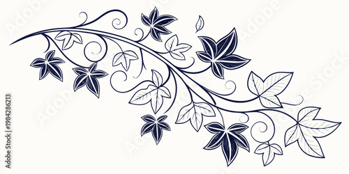 Decorative branch with ivy leaves and elegant swirls vector artwork black and white decoration ornament botanical decorative illustration isolated stylized traditional