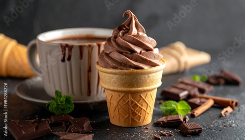 Choc swirl ice cream cone beside hot chocolate, with chocolate chunks, mint, and cinnamon sticks