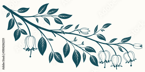 Stylized branch with hanging bell-shaped flowers and leaves line art hand drawn botanical decoration illustration silhouette graceful decorative minimalist whimsical
