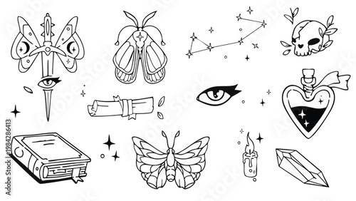 Set of mystic boho designs for tattoo or tarot cards. Vector illustration of celestial moth and eye, dagger with butterfly wings, love potion in heart bottle, crescent moon, sacred crystal icon