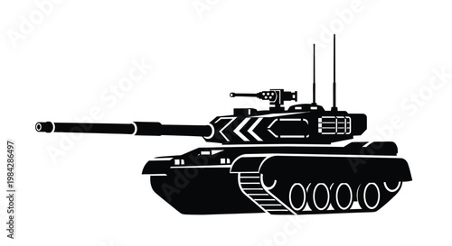 A stark black and white illustration depicts a modern main battle tank showcasing its imposing form and weaponry a powerful silhouette high quality professional