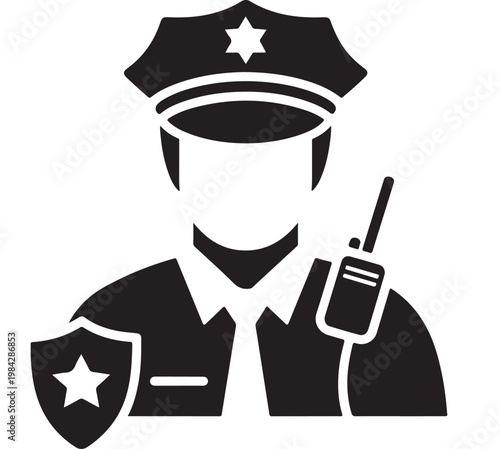 Police Officer Icon with Shield and Radio for Law Enforcement, Security and Public Safety Design