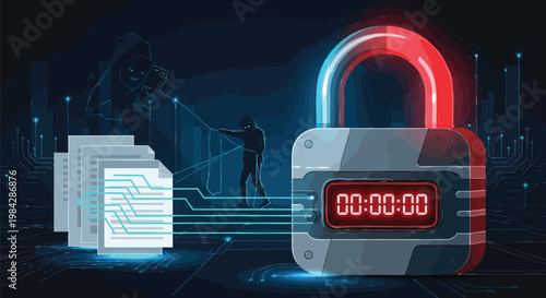 Critical Data Security Illustration Digital padlock with a countdown timer protecting sensitive documents from lurking cyber threats and breaches